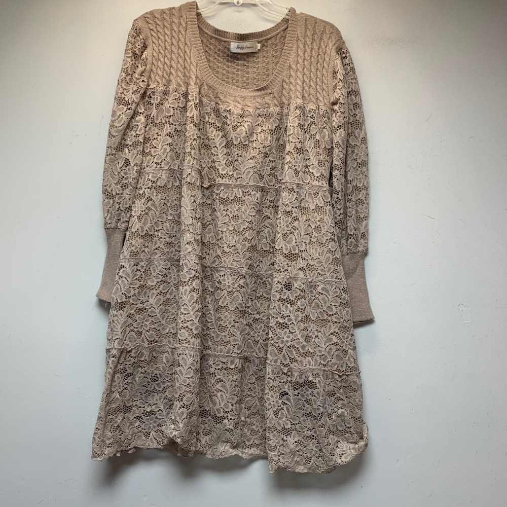 Simply Couture Dress Womens XL Taupe Excellent Lace Tiered Cable Knit Boho 13726